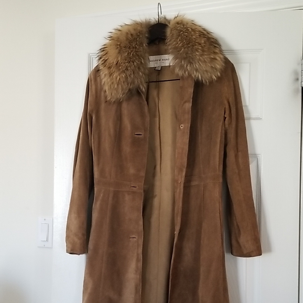 Andrew Marc Brown Suede Trench Coat with Fur Collar